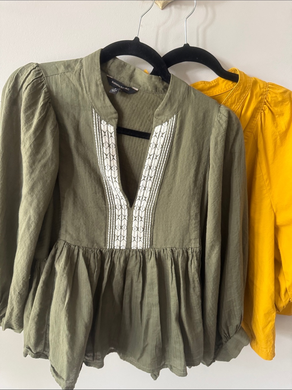 2 BananaRepublic Tunic Blouses Olive Embroidered and Mustard Yellow